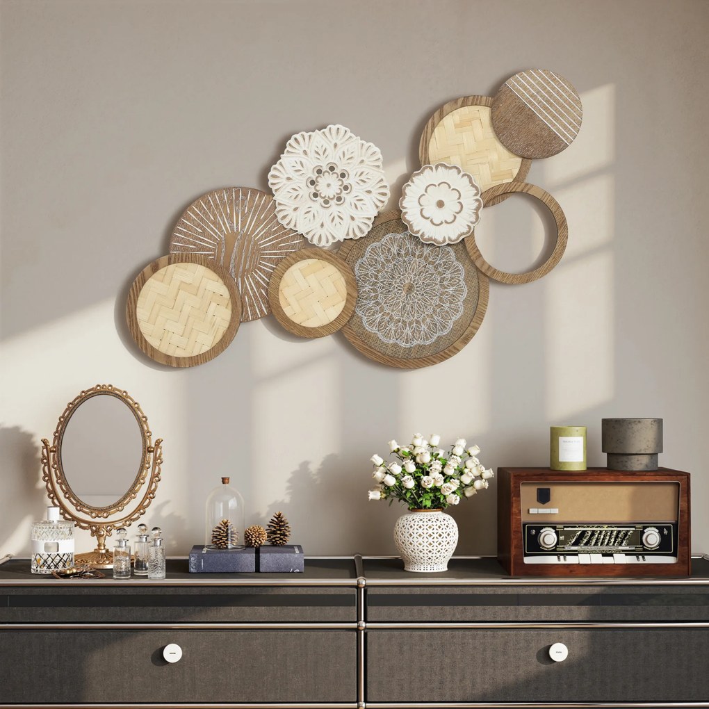 Decoração de parede em madeira, escultura de parede em madeira, design exclusivo com vários discos, 83,8 x 44,5 cm, madeira natural FR
