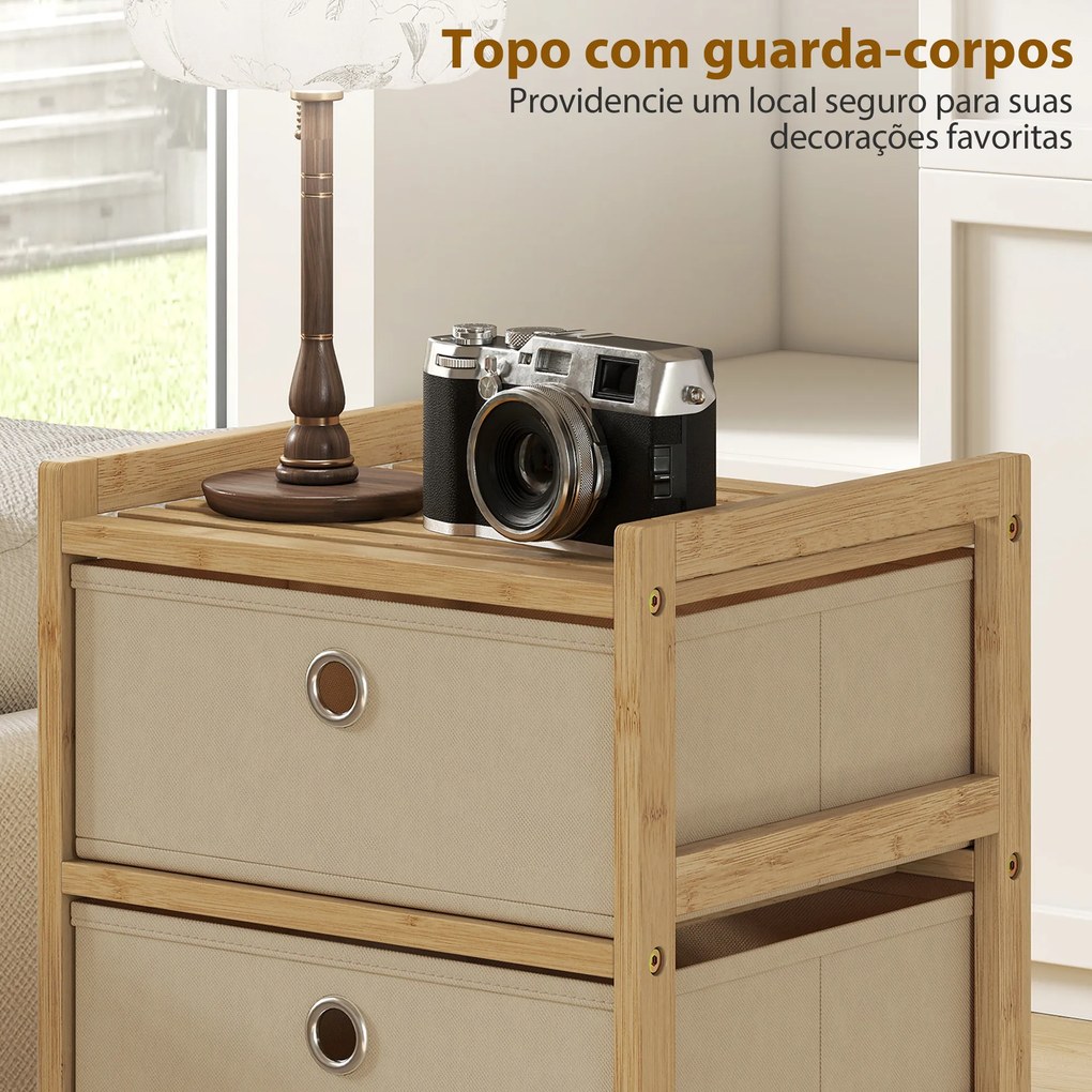 Cómoda com 5 Gavetas em Tecido, Estrutura de Bambu, Ideal para Espaços Pequenos, Creme e Madeira
