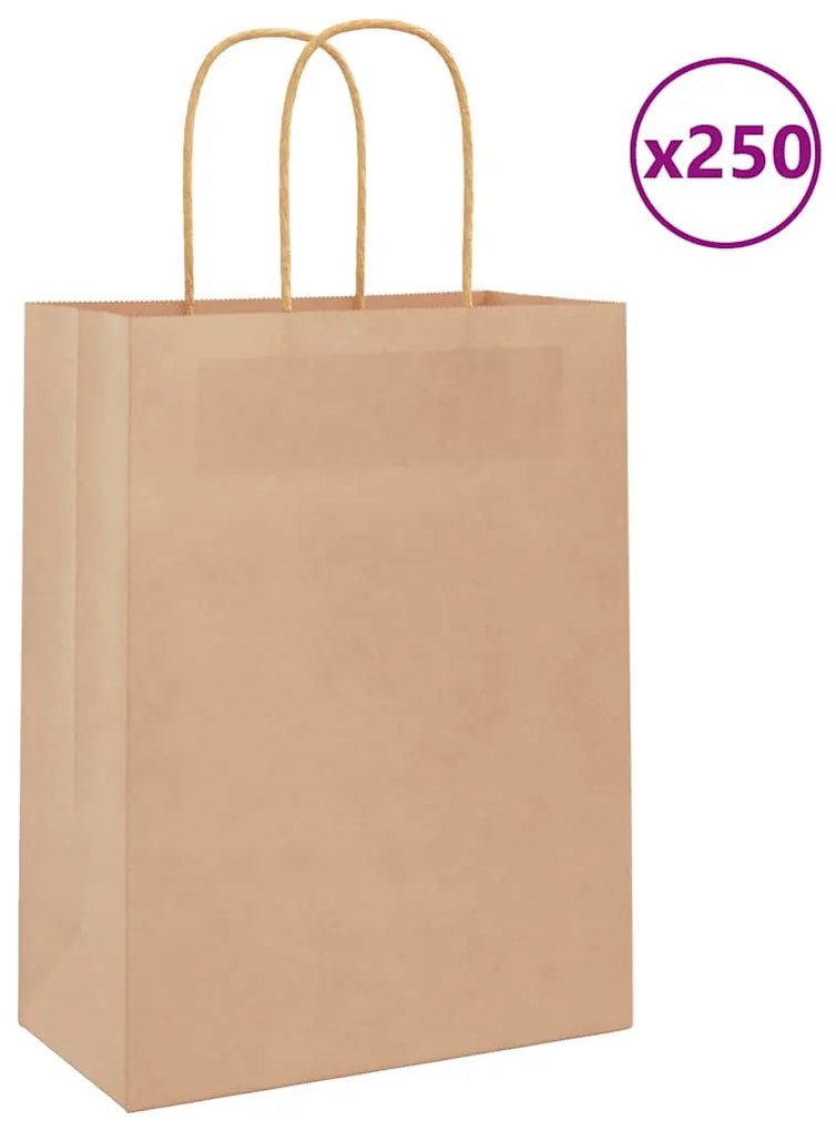 vidaXL Sacos de papel 250 unid com alças castanho 21x11x28 cm