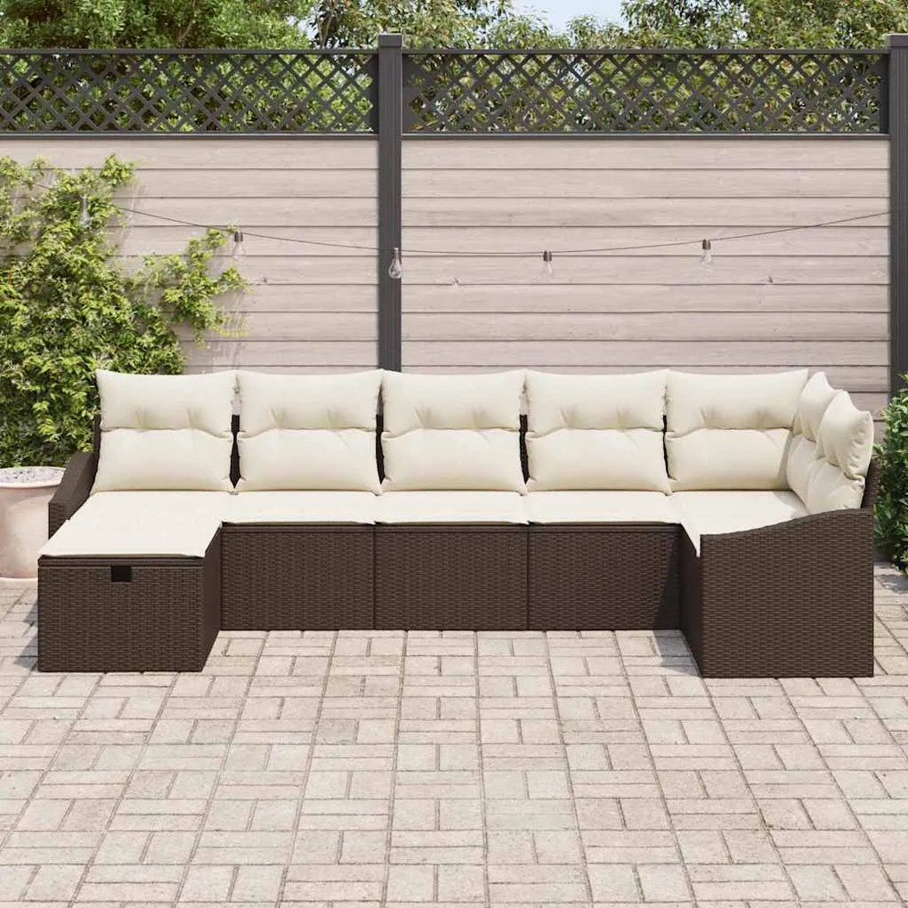 Conjunto de Sofás de Jardim de 7 Peças com Almofadas Castanho Rattan P
