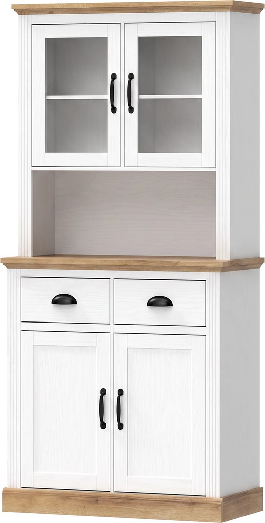 HOMCOM Buffet Alto para Cozinha, Armário de Cozinha, 4 Portas sendo 2 em Vidro, 2 Gavetas, Bancada, Prateleiras Reguláveis, Branco | Aosom Portugal