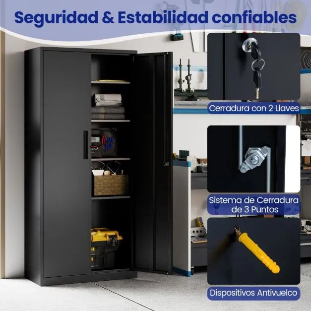 Armário metálico com 2 portas 80 x 40 x 180 cm com fechadura para ferramentas de garagem ou escritório com 4 prateleiras ajustáveis preto