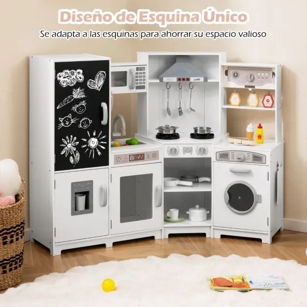 Cozinha de brinquedo de madeira com luzes e sons com quadro negro e acessórios de cozinha para crianças 131 x 47 x 92 cm branco