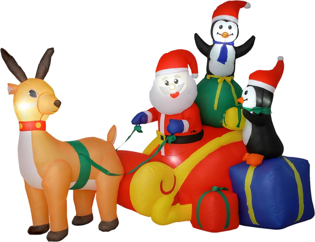 Outsunny Pai Natal Insuflável com Trenó Pinguins e Renas Insufláveis de Natal com Luzes LED Decoração de Natal 180x120x155 cm Multicor | Aosom Portugal