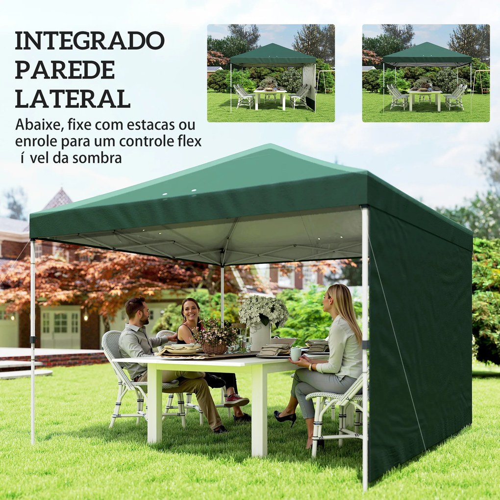 Tenda Dobrável 3x3 m Pop-up com Parede Lateral Proteção UPF50+ Empurre Central Altura Ajustável Verde