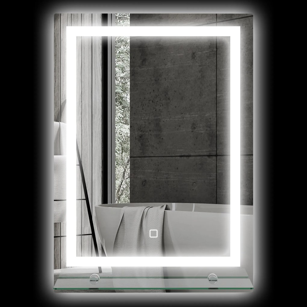 Espelho de parede LED para casa de banho 50 x 70 cm com prateleira integrada, 3 cores, luminosidade ajustável e interruptor tátil prateado