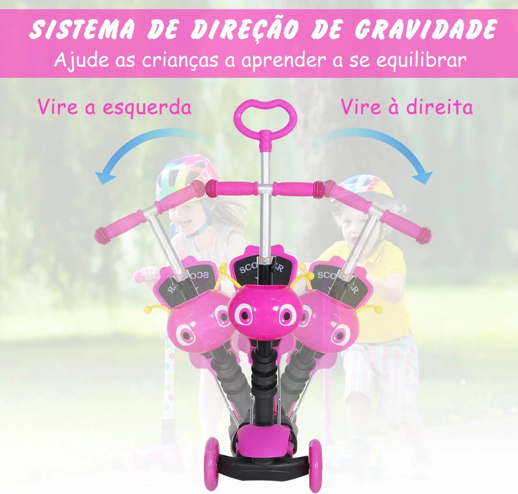 Trotinete 5 em 1 para Crianças com 3 Rodas Assento Removível e Guiador Ajustável Carga Máxima 50 kg 62x25x72,5 cm Rosa