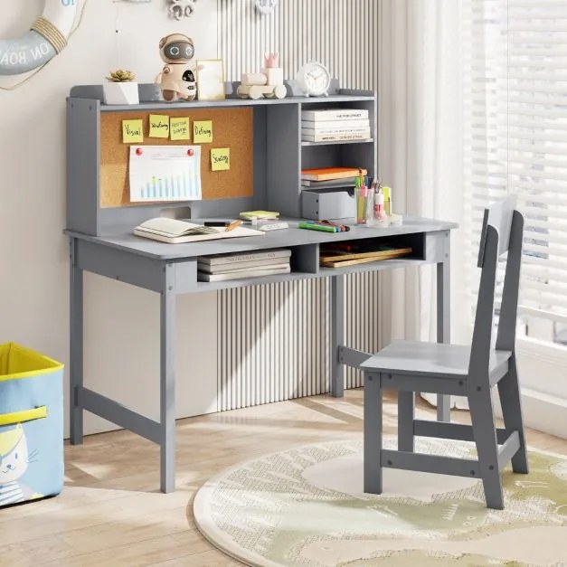 Conjunto de secretária e cadeira infantil em madeira com prateleira de cortiça, estação de computador para quarto, escola, Cinzenta