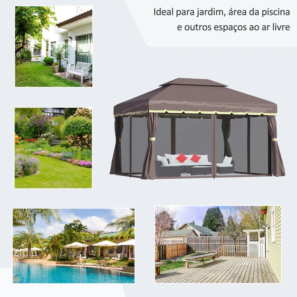 Pérgola de Jardim 3,9x2,9m de Alumínio com Teto de Ventilação 4 Cortinas Laterais Tela Mosquiteira e 8 Orifícios de Drenagem para Exterior Pátio Festa