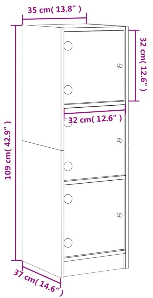 Aparador alto c/ portas de vidro 35x37x109 cm carvalho sonoma