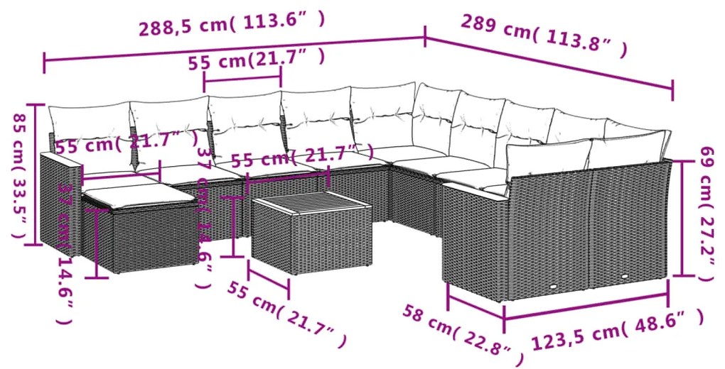 12 pcs conjunto de sofás de jardim c/ almofadões vime PE preto