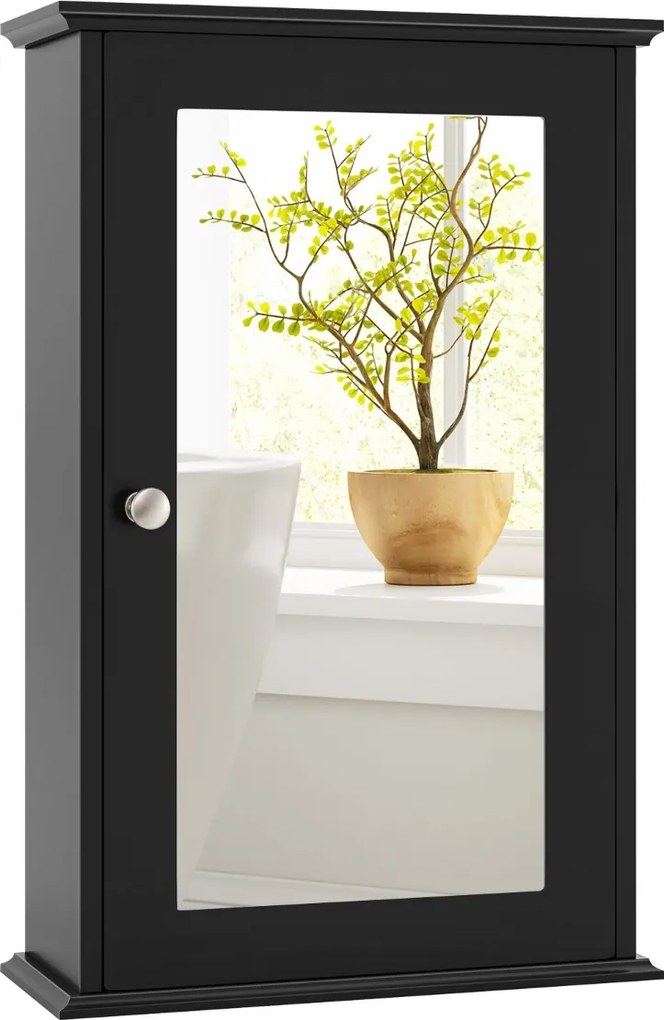 Armário de casa banho com espelho 34 x 15 x 51 cm de parede com uma porta e prateleira ajustável para casa, banheiro, cozinha Preto