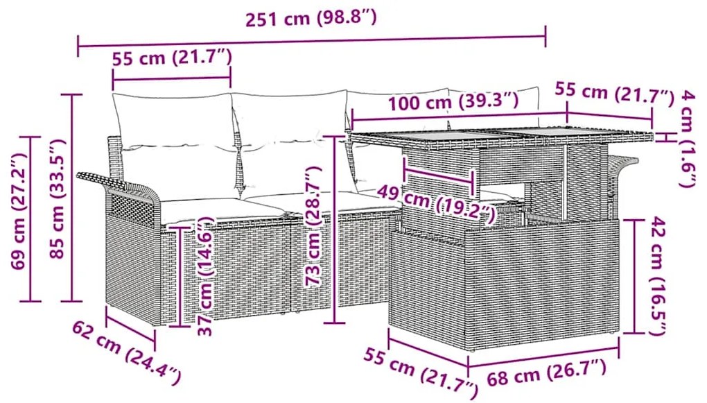 Conjunto de Sofá de Jardim de 5 Peças com Almofadas em Rattan Sintétic