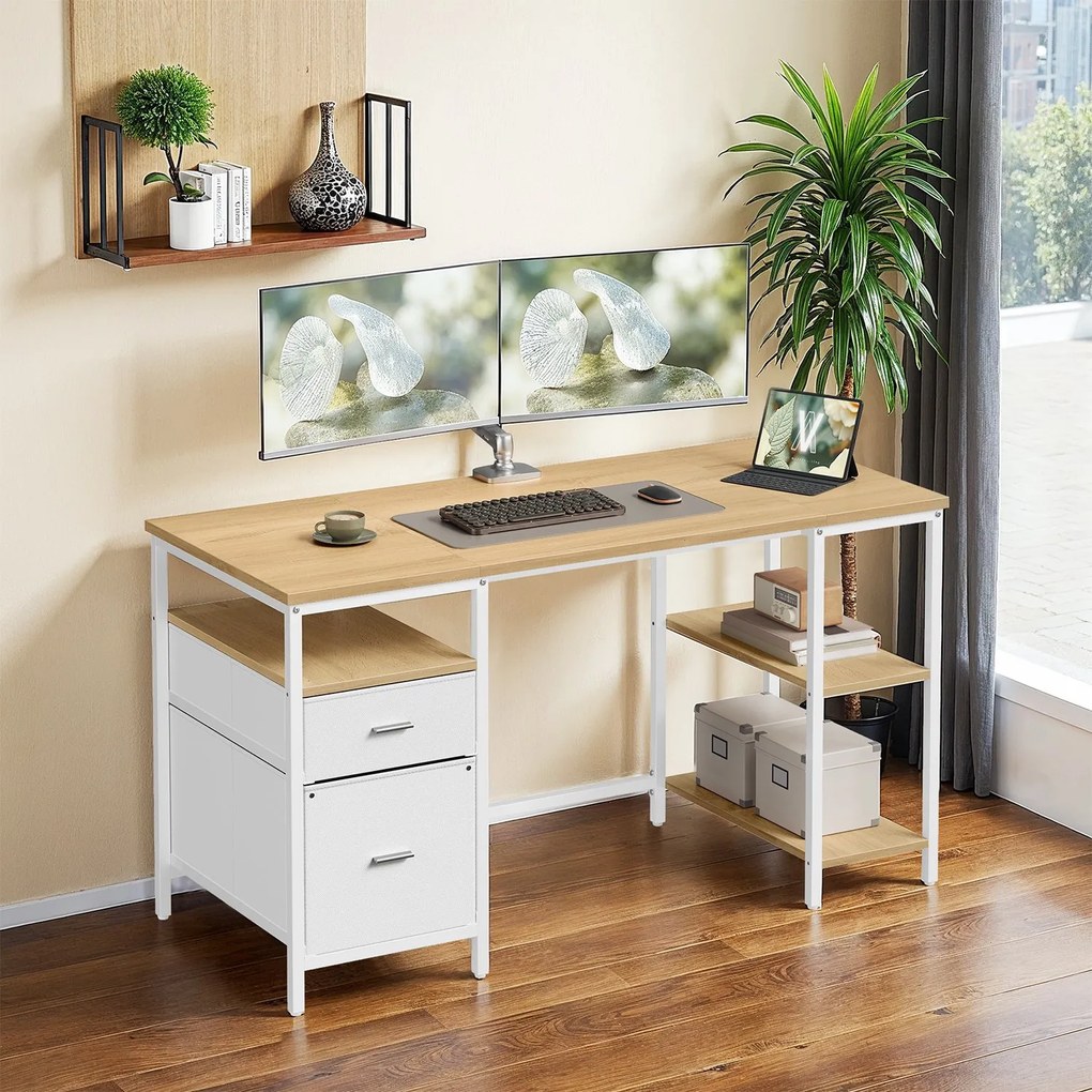 Secretária com 3 prateleiras e 2 gavetas 140 x 60 x 76 cm em cor de carvalho natural-branco