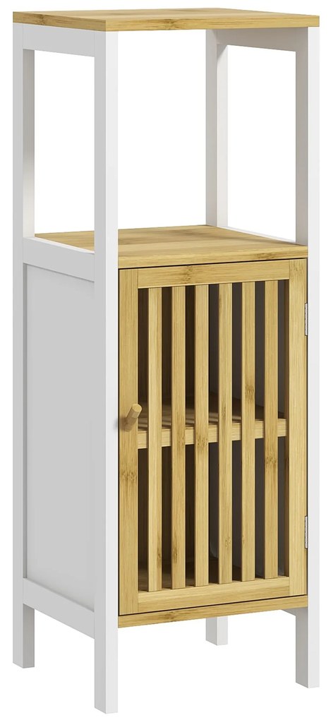HOMCOM Armário Casa de Banho com 1 Prateleira Aberta 1 Porta e 1 Prateleira Ajustável 32x30x90,5 cm Natural e Branco | Aosom Portugal