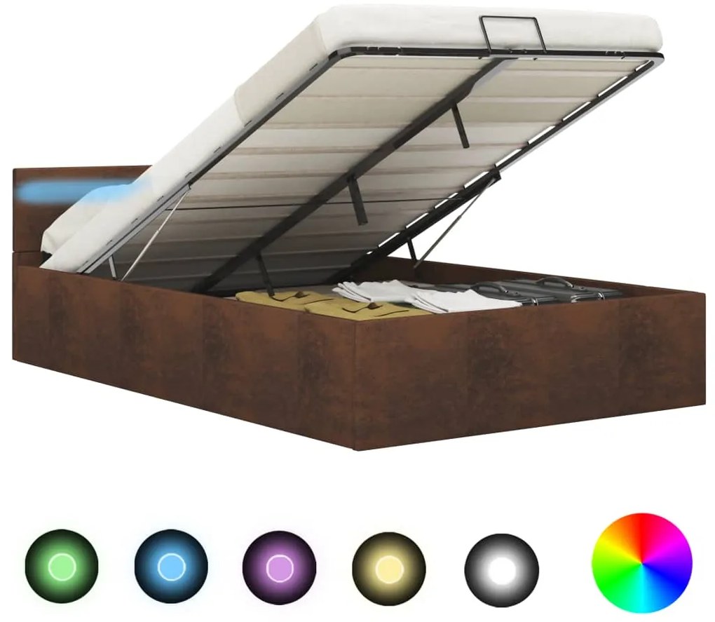 vidaXL Cama hidráulica c/ arrumação e LED 120x200 cm tecido castanho