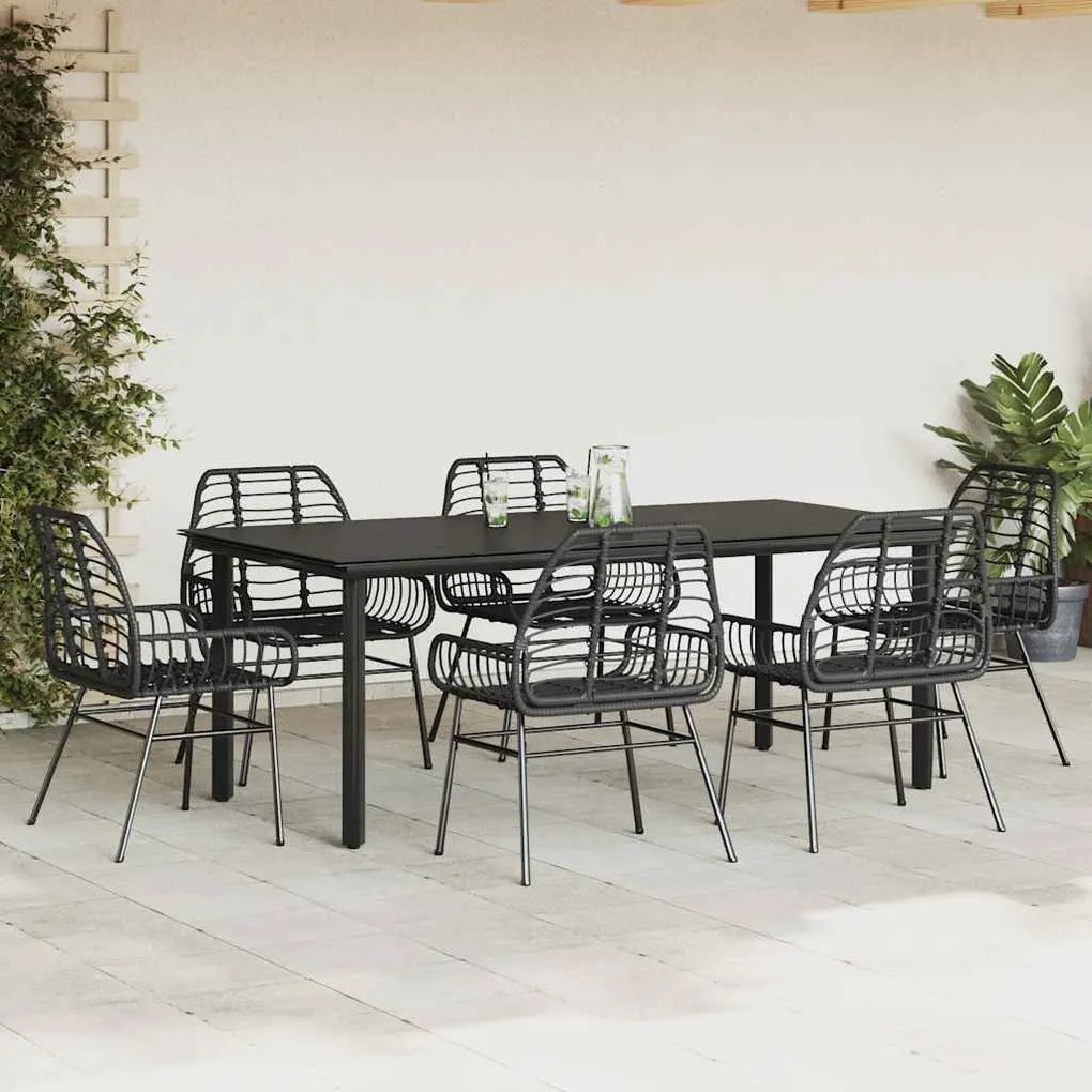 Conjunto de jantar jardim 7 peças vidro vime PE preto