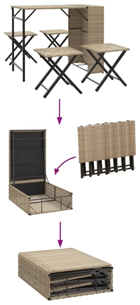 5 pcs conjunto de jantar para jardim dobrável vime PE bege