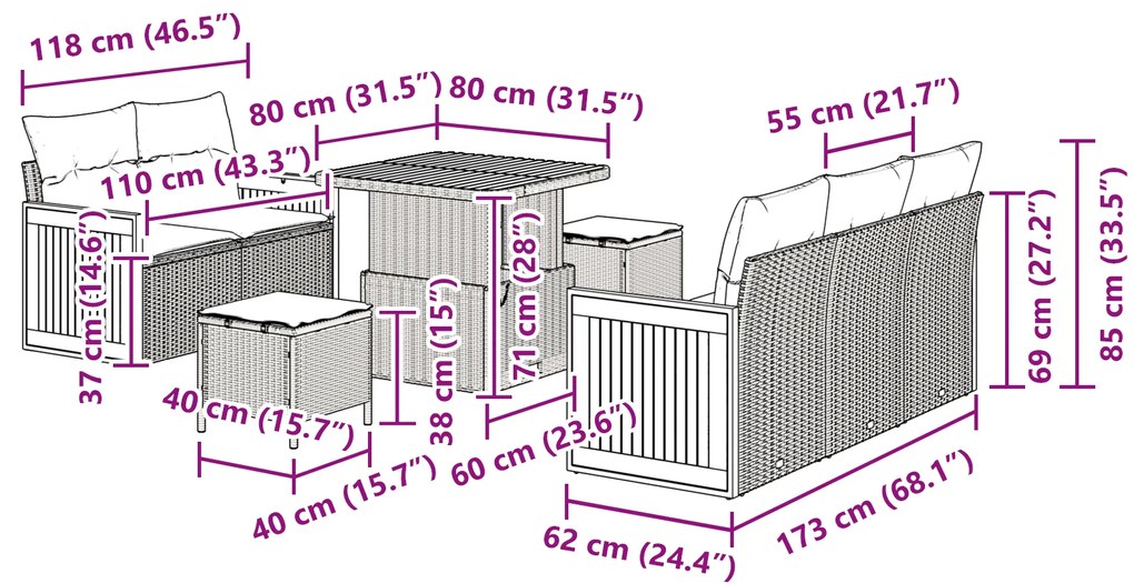 Conjunto de Sofá de Jardim vidaXL de 8 Peças com Almofadas Preto Vime