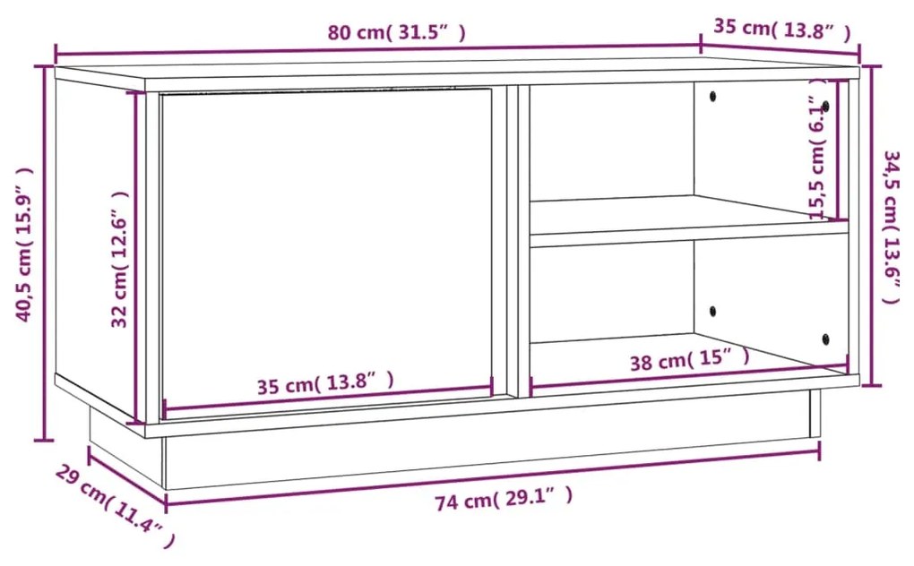 Móvel de TV 80x35x40,5 cm madeira de pinho maciça branco