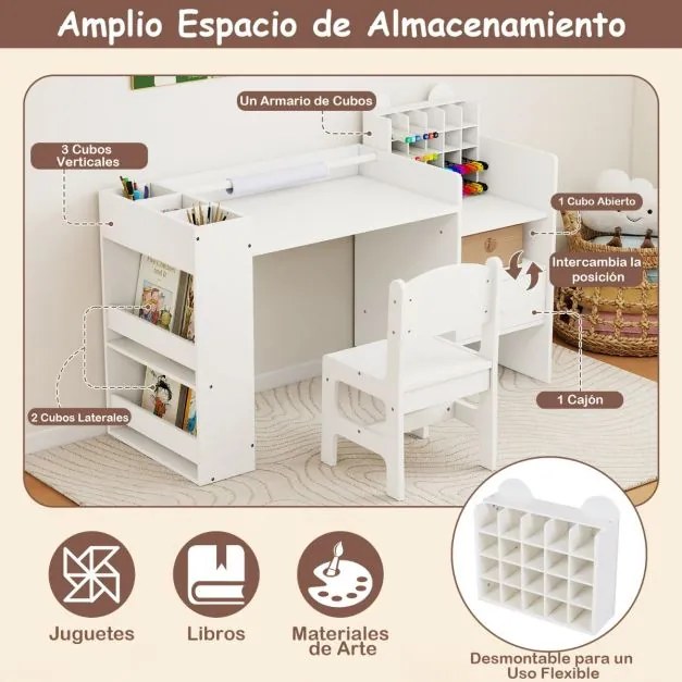 Conjunto de mesa e cadeira para arte infantil com suporte removível para rolo de papel e armário cubo branco