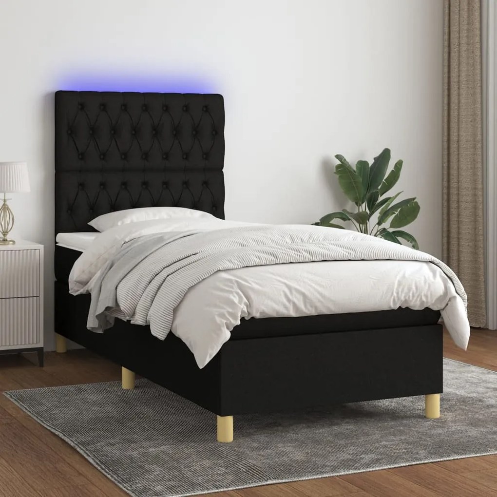 Cama box spring c/ colchão e LED 80x200 cm tecido preto