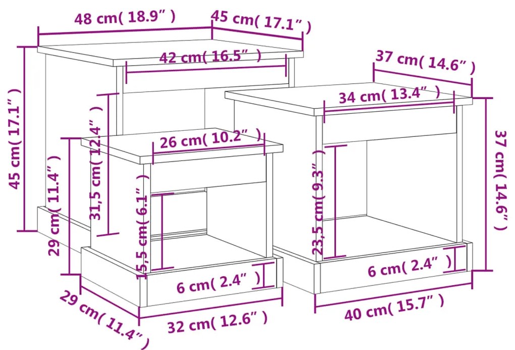 Mesas de centro 3 pcs derivados de madeira preto