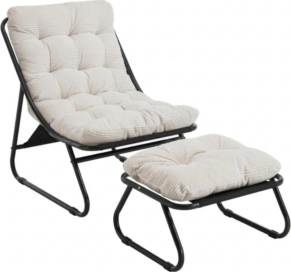 Poltrona lounge de exterior com puff, almofada acolchoada, tecido sling, estrutura em aço, Branco| AOSOM Portugal