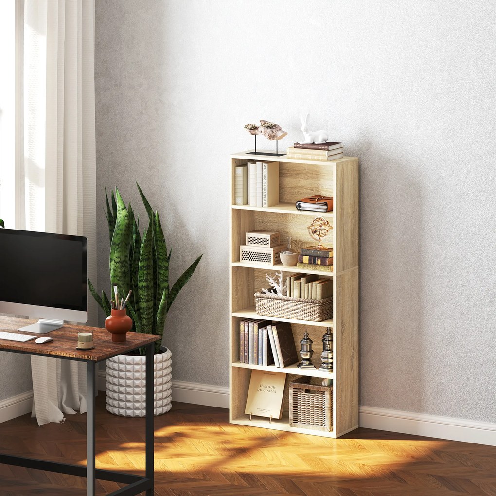 Estante de arrumação 60 x 24 x 133,5 cm com 5 níveis e prateleiras ajustáveis para sala de estar, quarto, escritório, natural