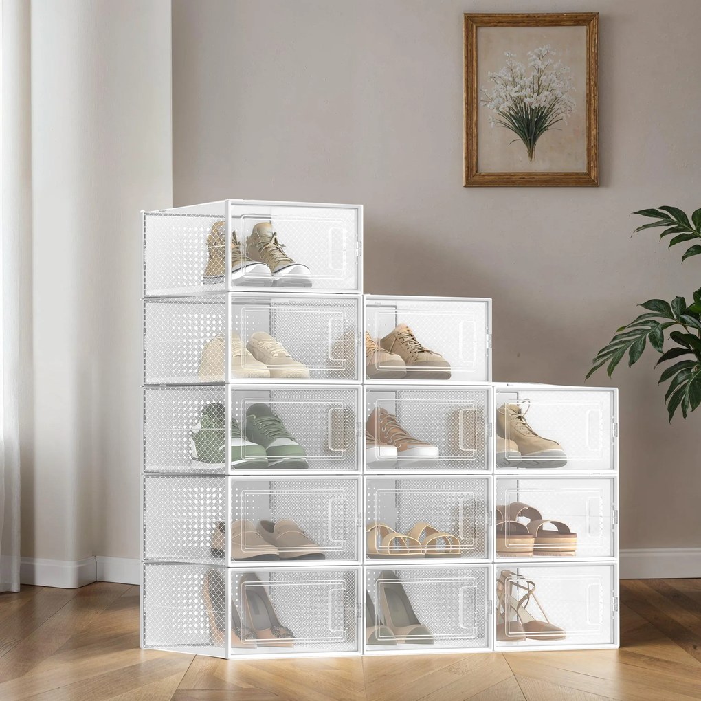 Conjunto de 12 caixas para sapatos em plástico 33,5 x 23,2 x 14,3 cm branco + transparente