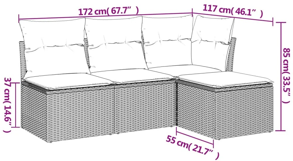 4 pcs conj. sofás jardim c/ almofadões vime PE cinzento-claro