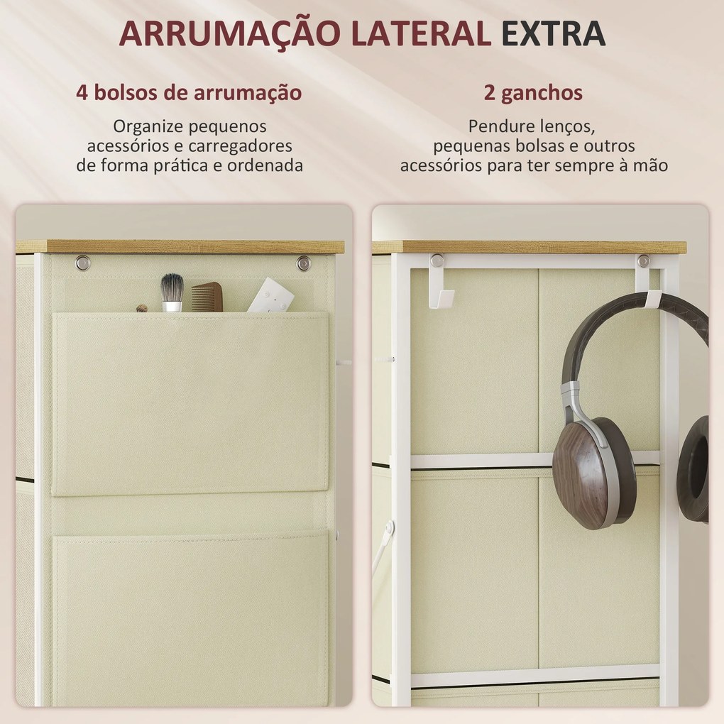 Cómoda Alta de Tecido com 8 Gavetas 4 Bolsos Laterais 2 Ganchos e Estrutura de Aço 86x30x94,5 cm Bege