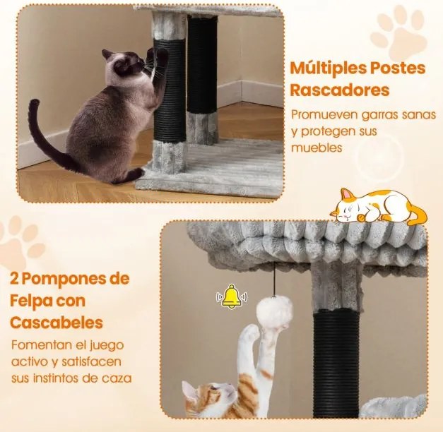 Arranhador para gatos com vários níveis 59 x 40 cm x 156 cm com com 2 camas, postes para arranhar Bolas suspensas Cinza