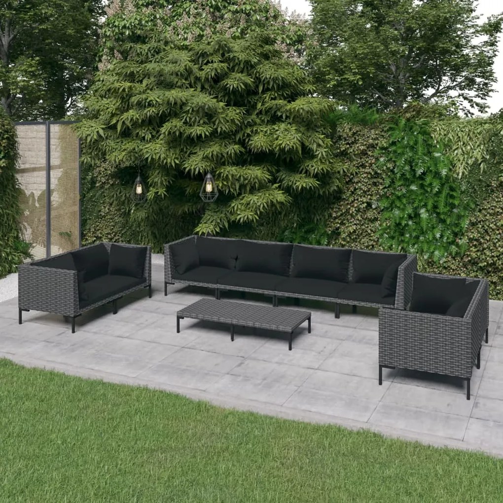 vidaXL 9 pcs conj. lounge jardim c/ almofadões vime PE cinza-escuro