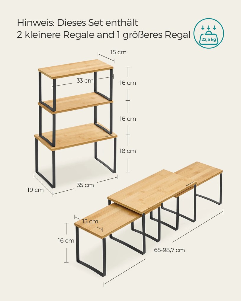 Conjunto de 3 prateleiras para especiarias em metal e bambu preto-natural bege