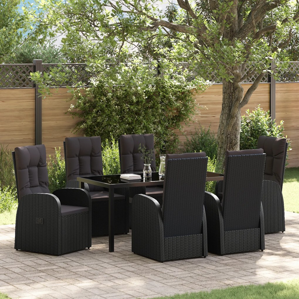 vidaXL Conjunto de Jantar de Jardim com Almofadas 7 Peças Rattan Sintético Preto
