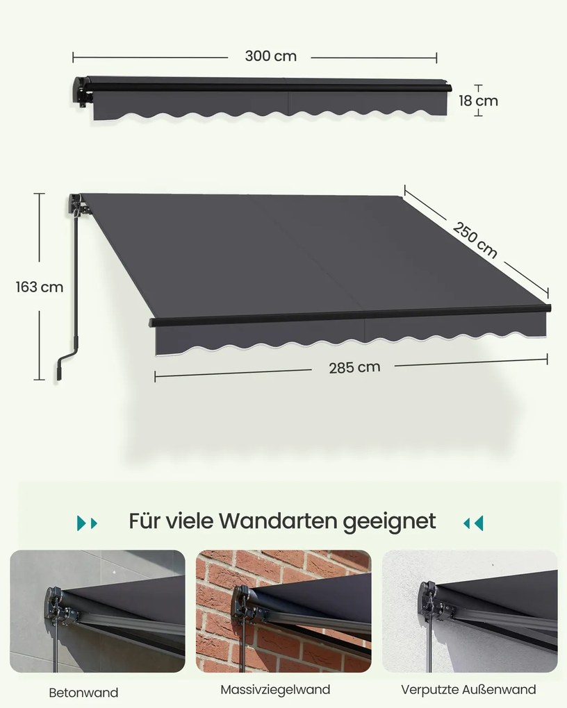 Toldo varanda articulado 300 x 250 cm com manivela para uma proteção solar fiável, cinzento