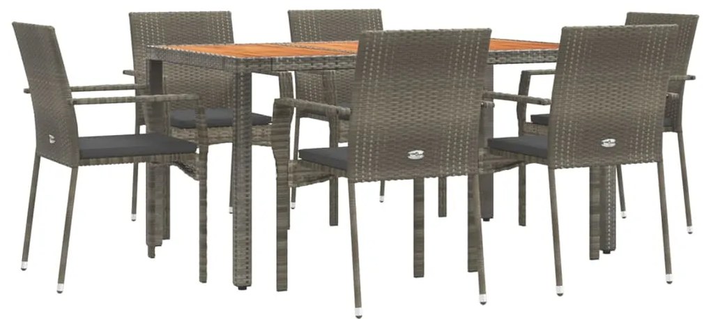 7 pcs conjunto de jantar p/ jardim c/ almofadões vime PE cinza