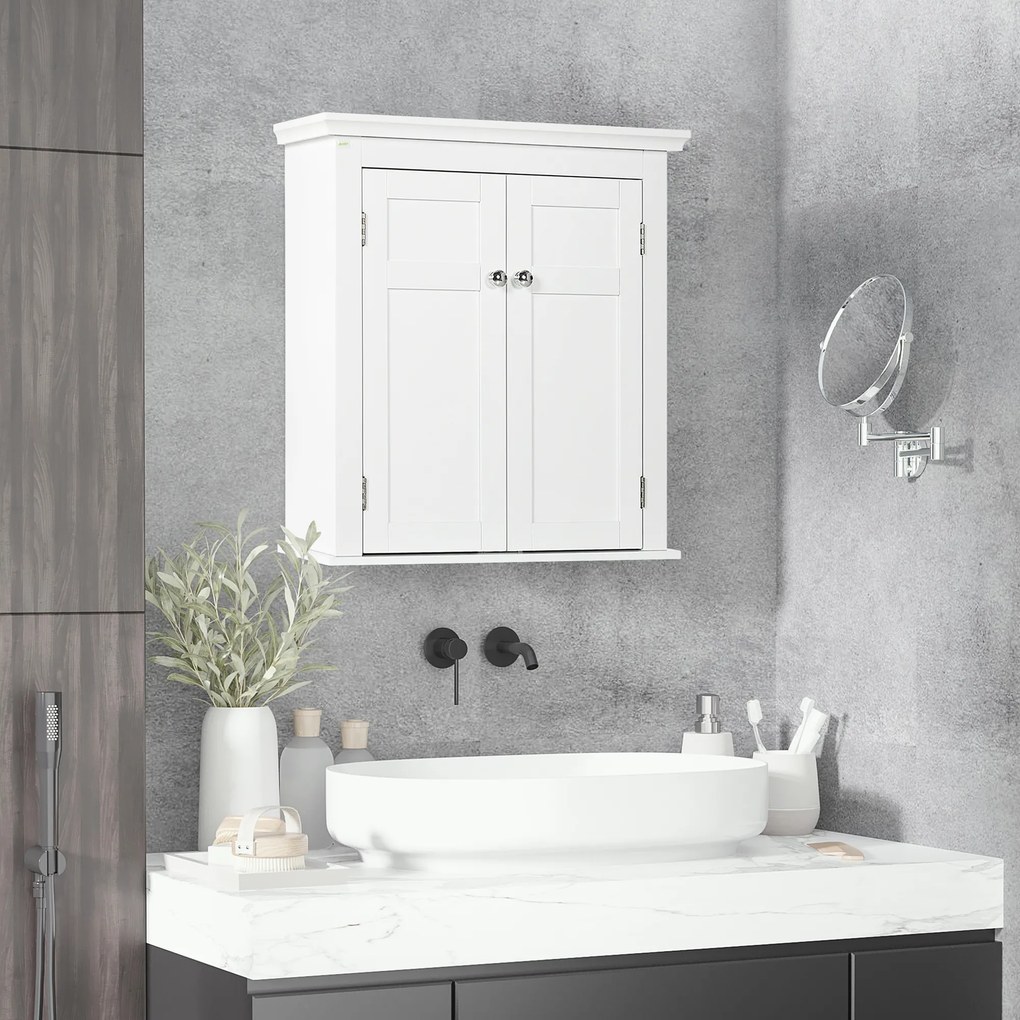 Armário Casa de Banho de Parede com Prateleiras Ajustáveis e Portas com Fechadura Magnéticas 58x24x60 cm Branco