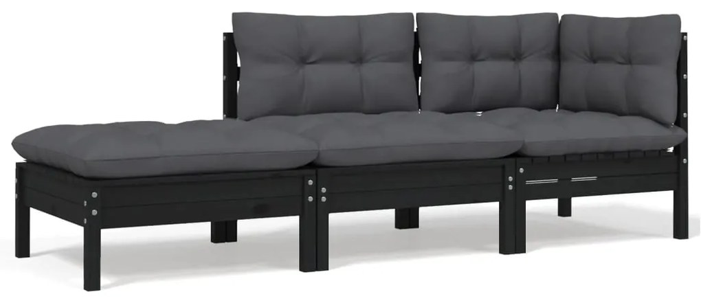 vidaXL 3 pcs conjunto lounge jardim c/ almofadões pinho maciço preto