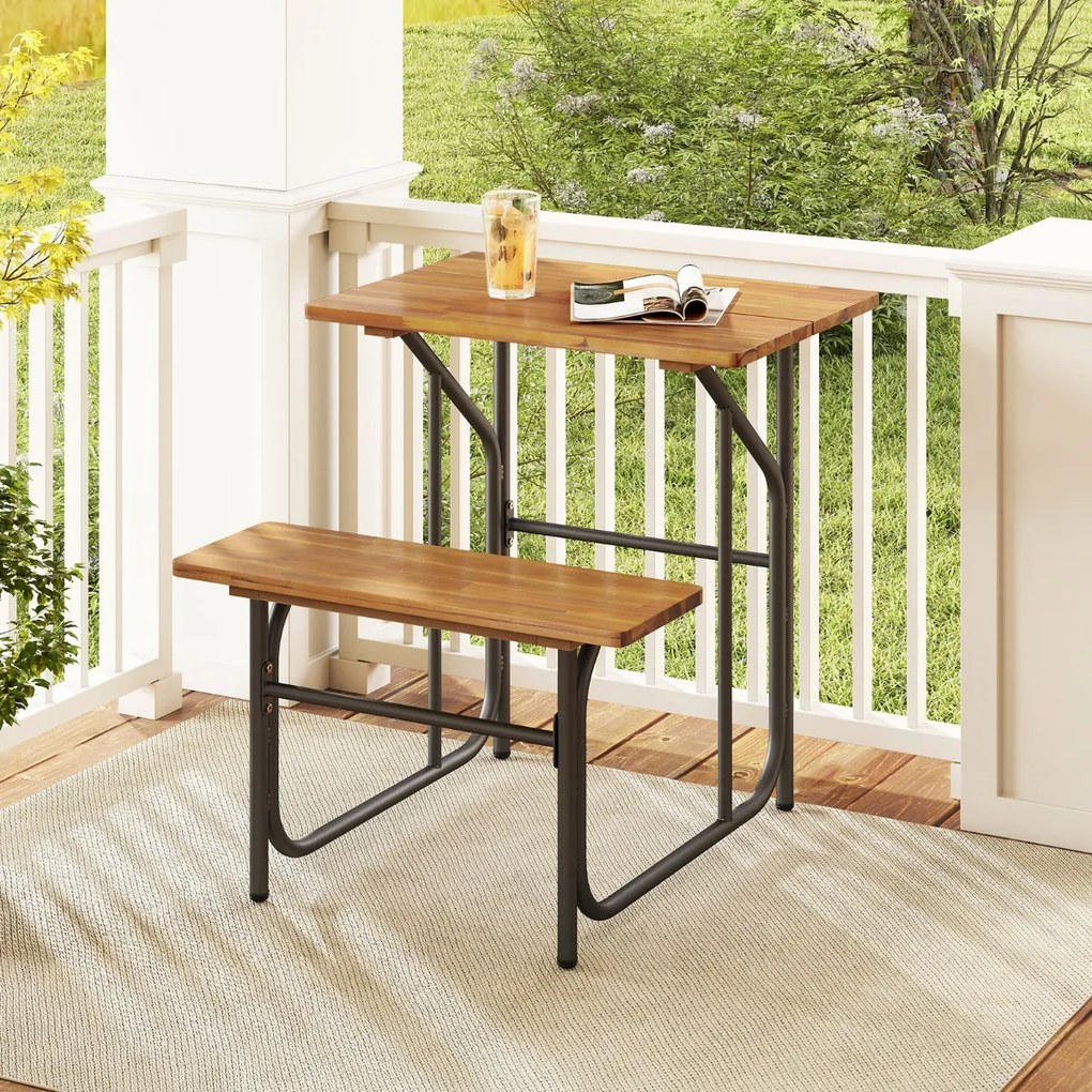 Conjunto de mesa e banco de jardim Lado Único Madeira Acacia Pernas de metal Preto e natural