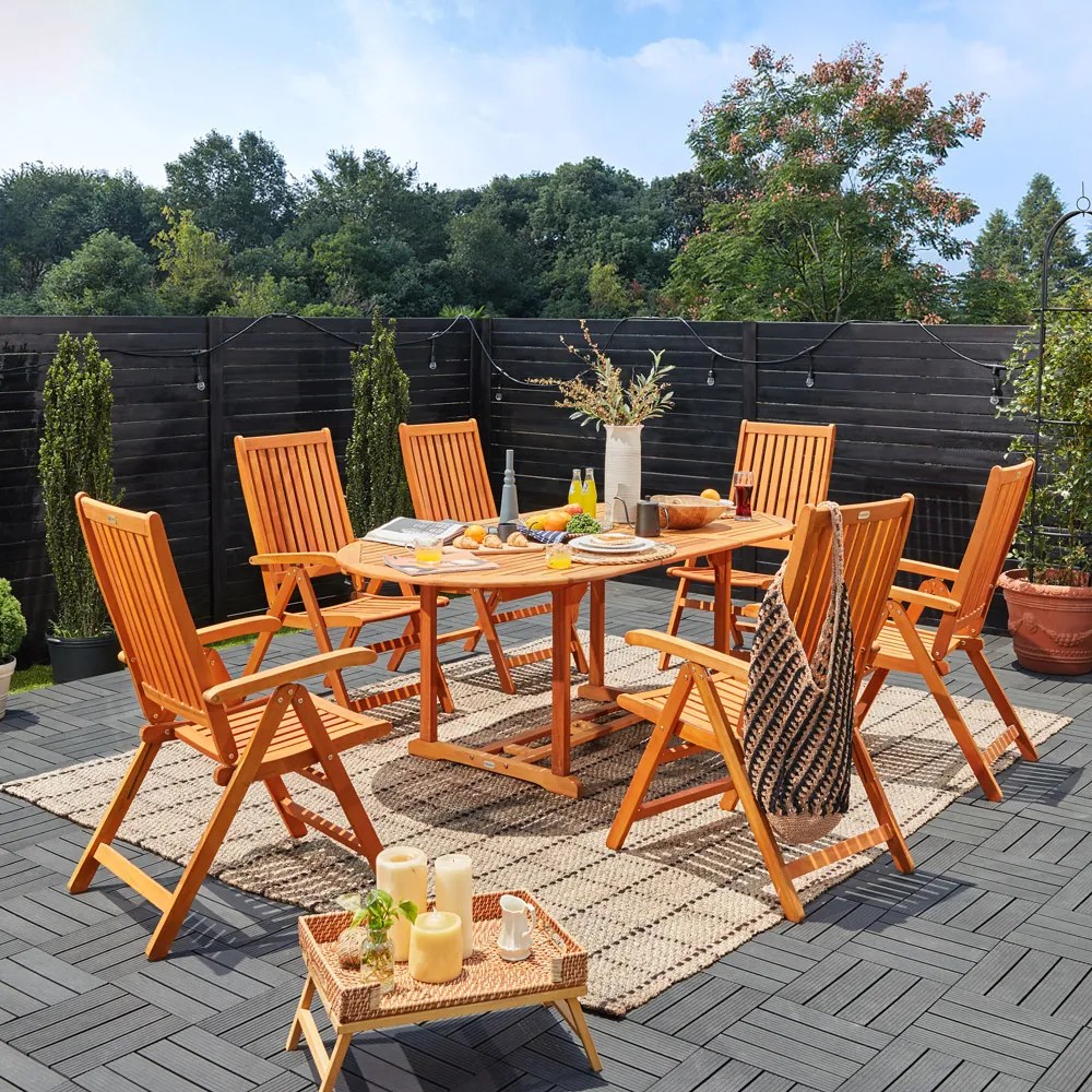 Conjunto de jardim Vanamo 7 peças em madeira de eucalipto com certificação FSC®