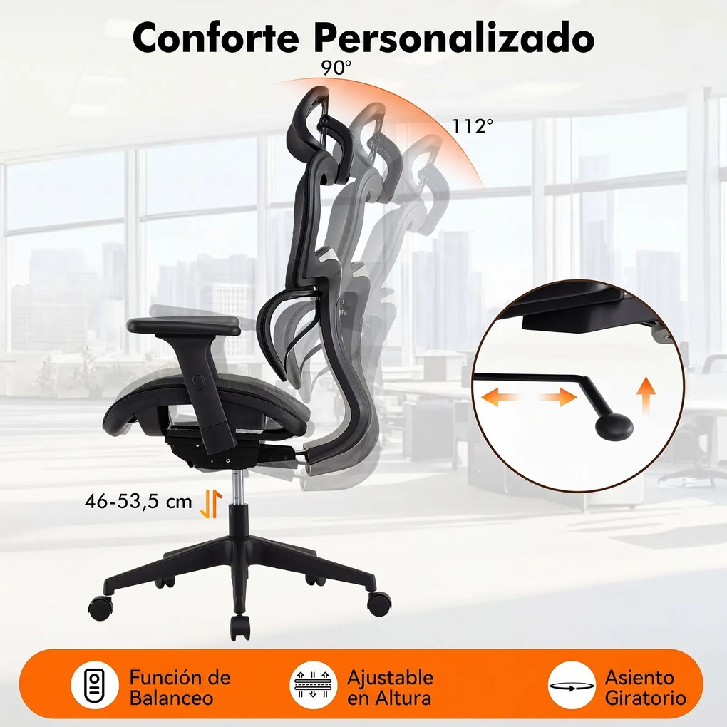 Cadeira de Escritório Ergonómica, 69,5 x 70 x 115-123 cm, Encosto Reclinável, Preto
