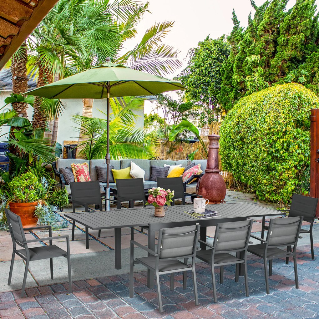 Outsunny Conjunto Móveis de Jardim 9 Peças Conjunto de Refeição para Varanda com Mesa Extensível 8 Cadeiras Empilháveis Estrutura de Alumínio e Assento de Textilene 135-270x89x74cm Cinza