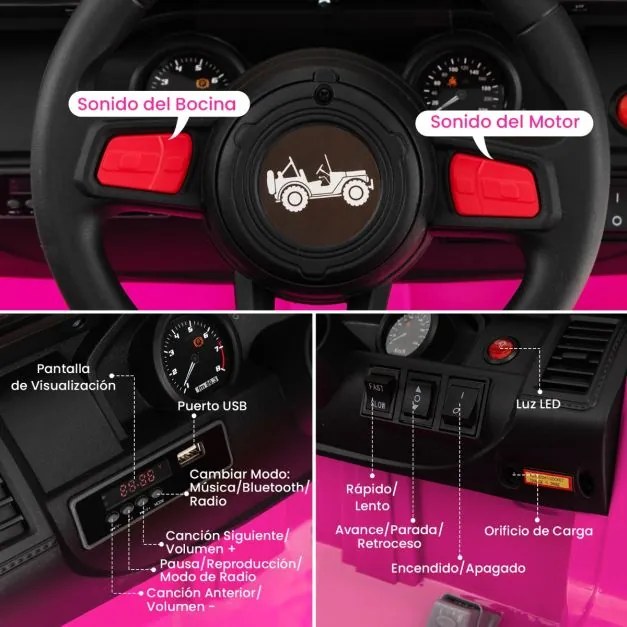 Carro Elétrico para Crianças de 2 Lugares com Bateria 24V com Controlo Remoto Bluetooth Música Luzes LED Rosa