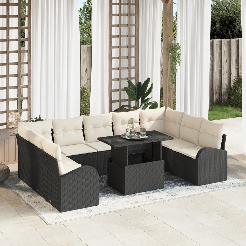 Conjunto de Sofás para o Jardim de 10 Peças com Almofadas Preto Rattan