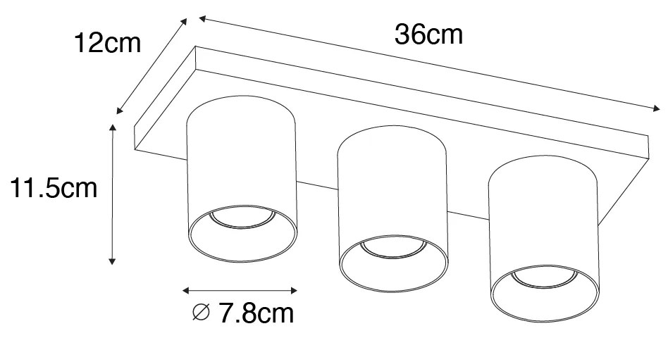 Spot de teto moderno preto com 3 luzes dourado - Tubo Moderno