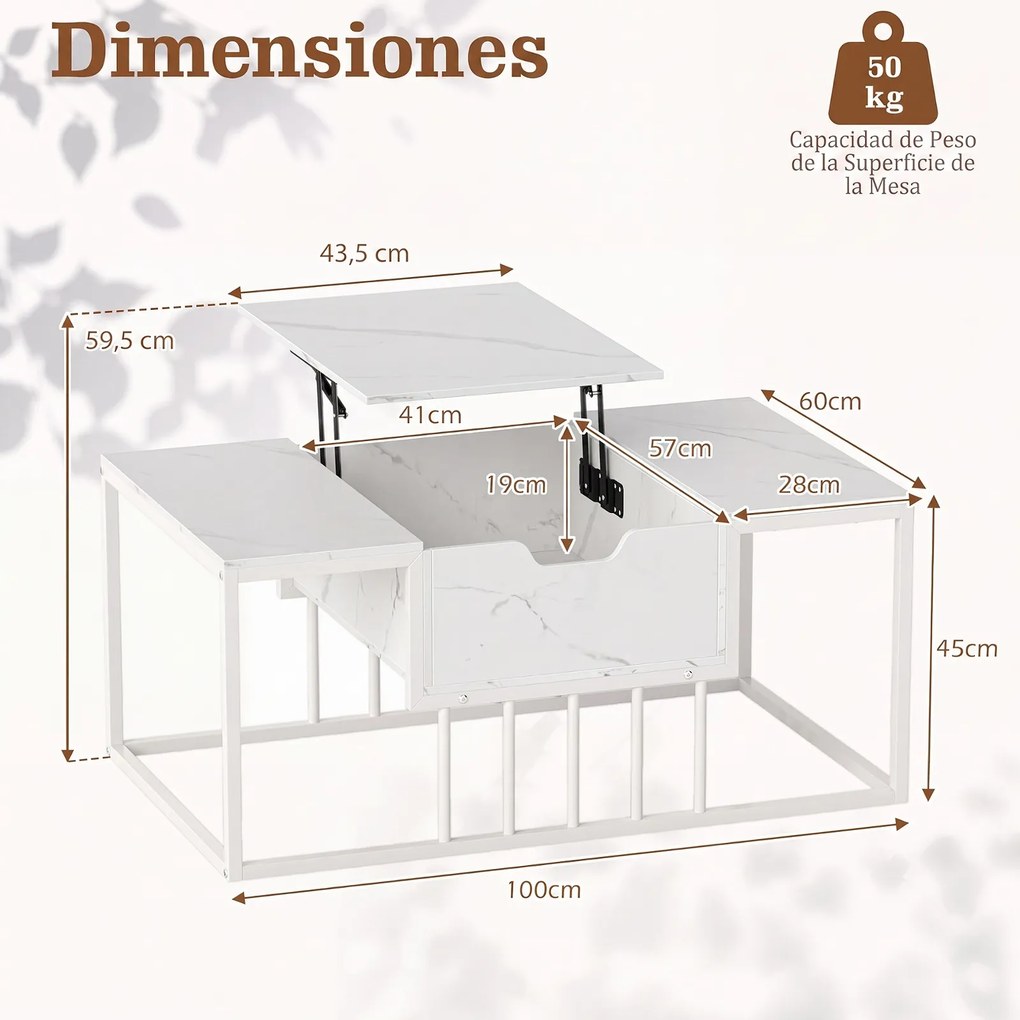 Mesa de Centro, 100 x 60 x 45 cm, Elevável com Arrumação Oculta, Branco