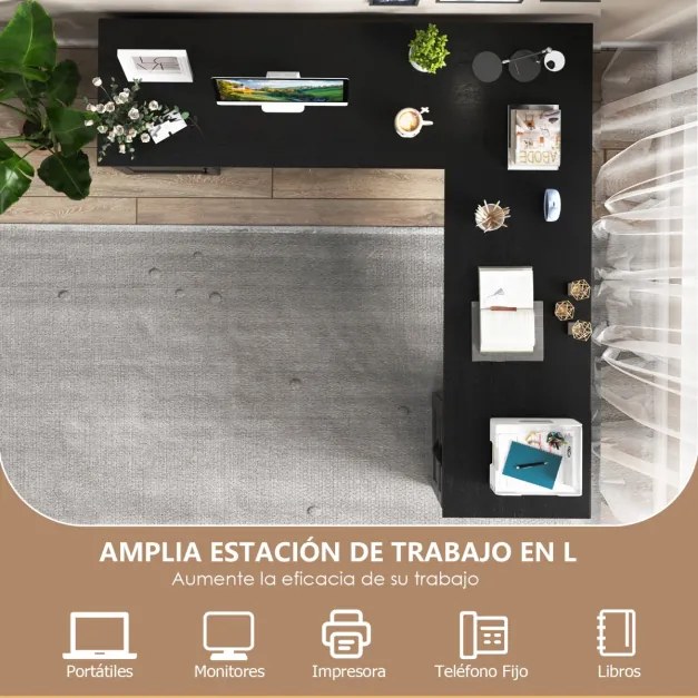 Secretaria computador de canto em L com gavetas e bandeja para teclado para escritorio 168 x 168 x 76 cm Preto