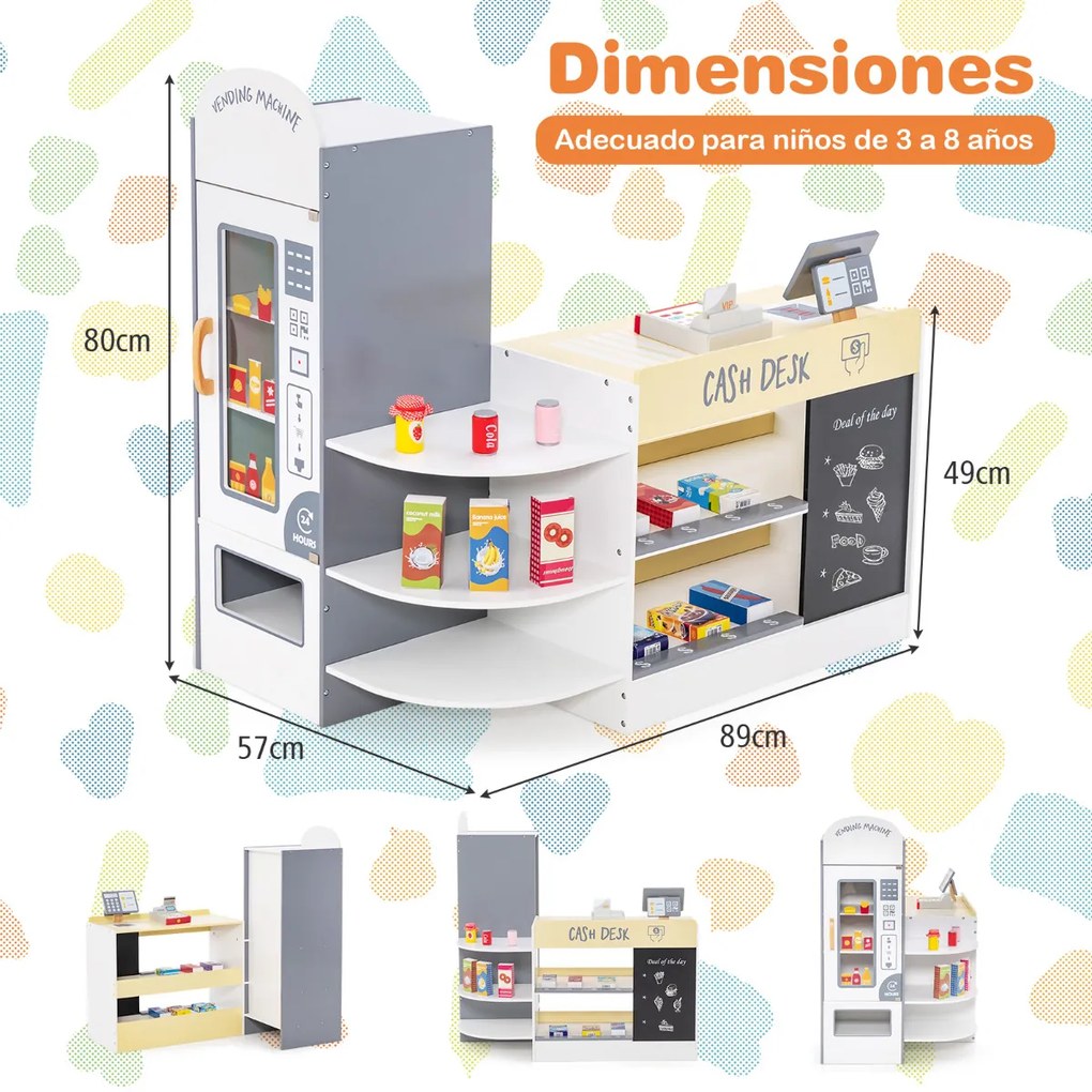 Supermercado de madeira para crianças com caixa registadora e máquina de venda automática POS para crianças dos 3 aos 8 anos de idade Branco
